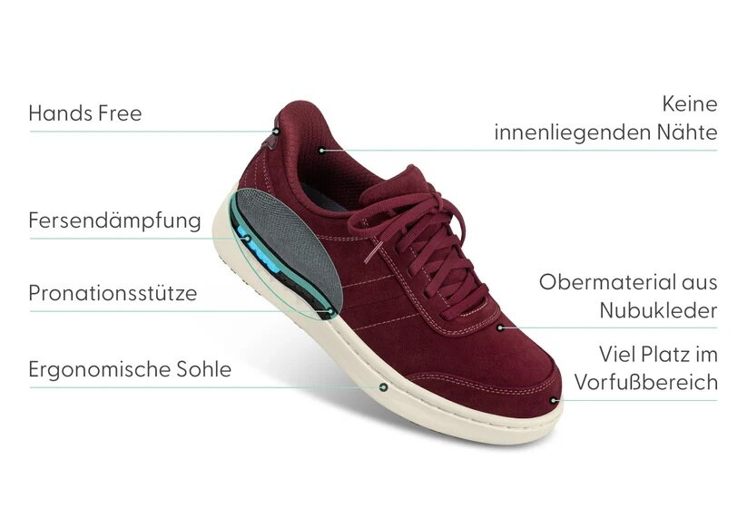 OrthOFeet Dames Hands-Free Instap Sneaker Wander Burgundy